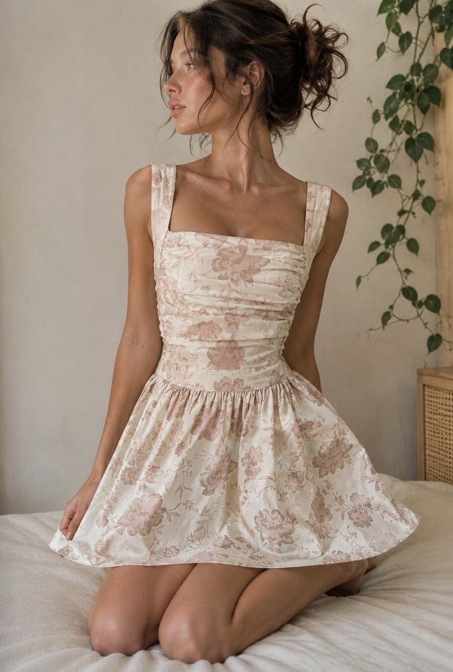 Free People Floral Open Back Ruched Mini Dress Cottagecore Coquette M - Picture 1 of 11